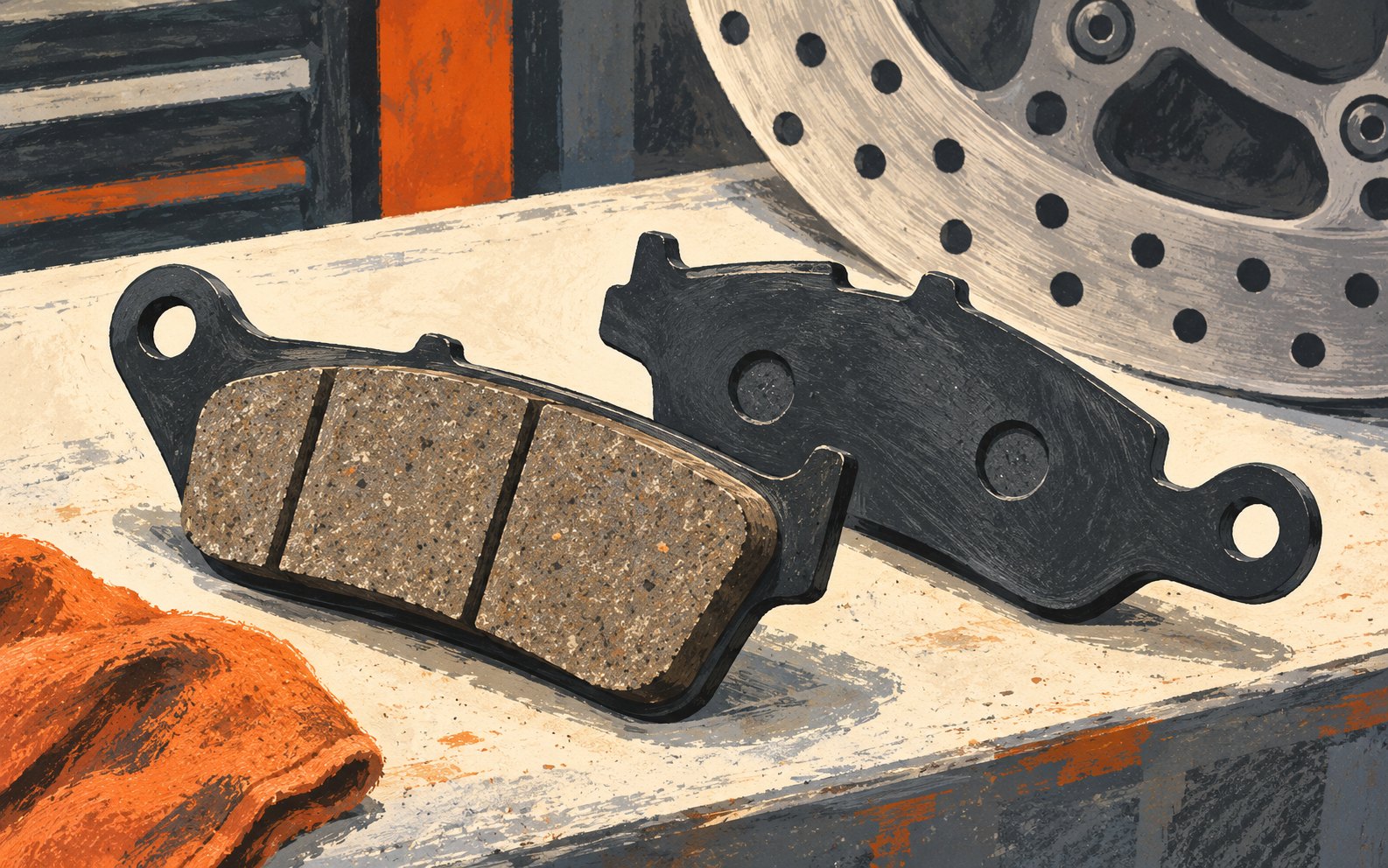 Illustration of generic motorcycle brake pads showing friction material and a backing plate beside a brake rotor.