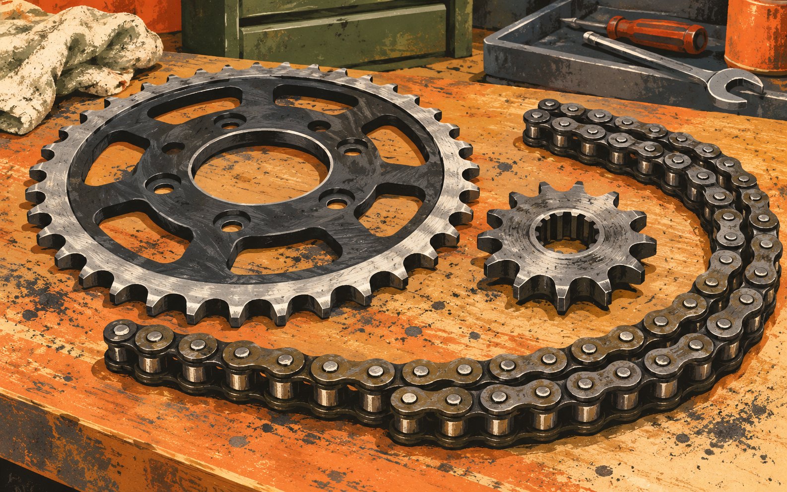 Illustration of an unbranded motorcycle drive chain and separate front and rear sprockets laid on a workshop bench.