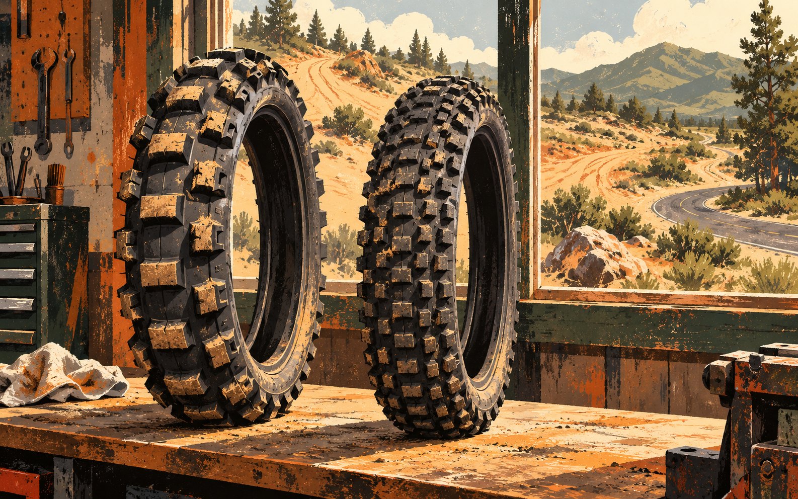 Illustration of two unbranded knobby motorcycle tires on a workshop bench with dirt terrain and a paved road beyond.