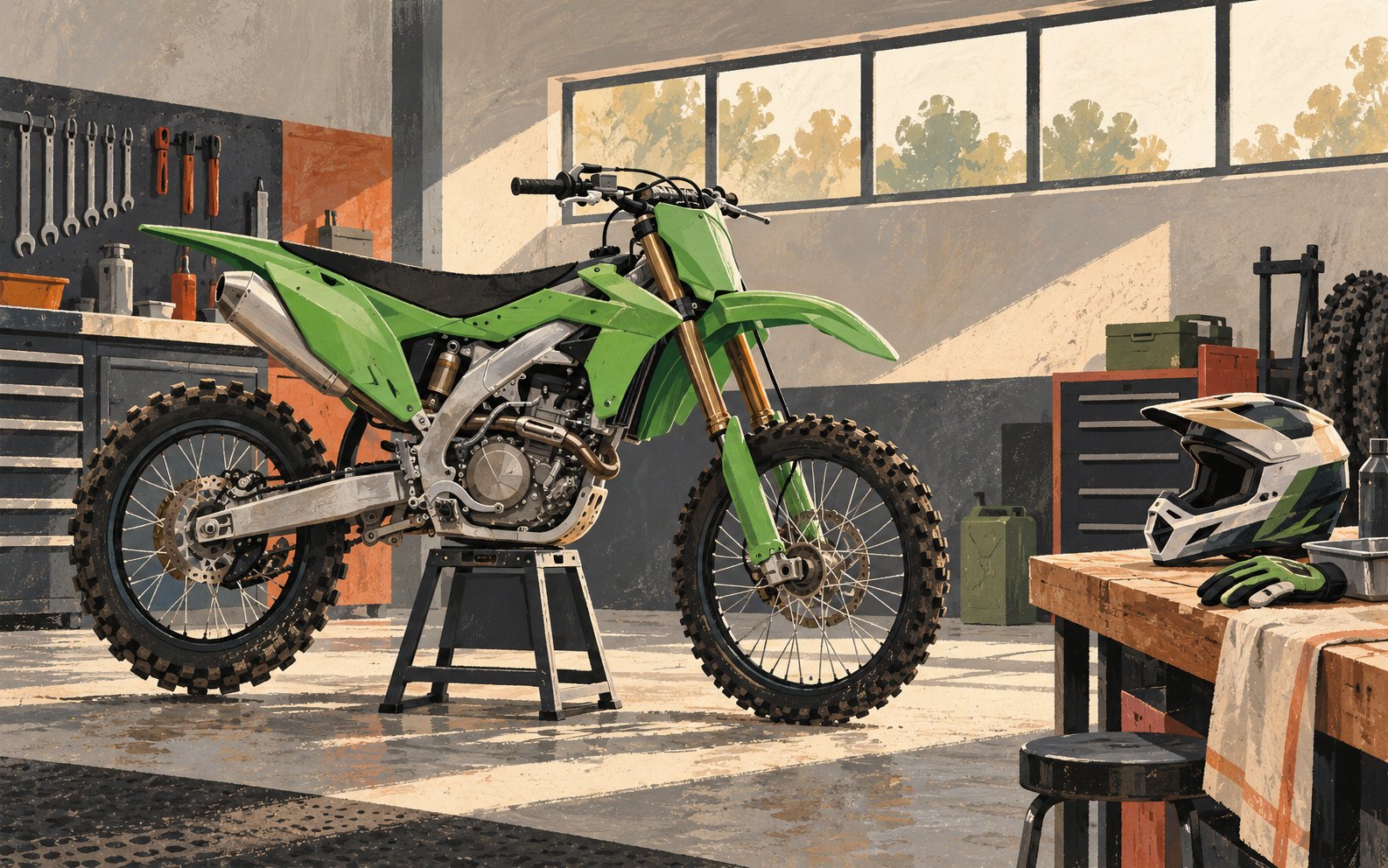Illustration of an unbranded green motocross motorcycle on a workshop stand beside a helmet and gloves.