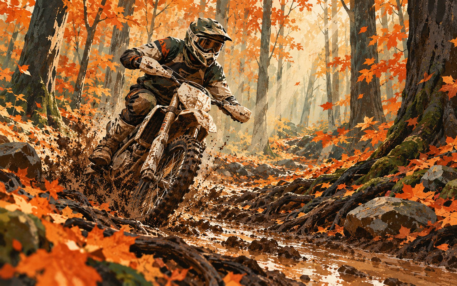 Illustration of an anonymous cross-country motorcycle rider on an autumn woodland trail.