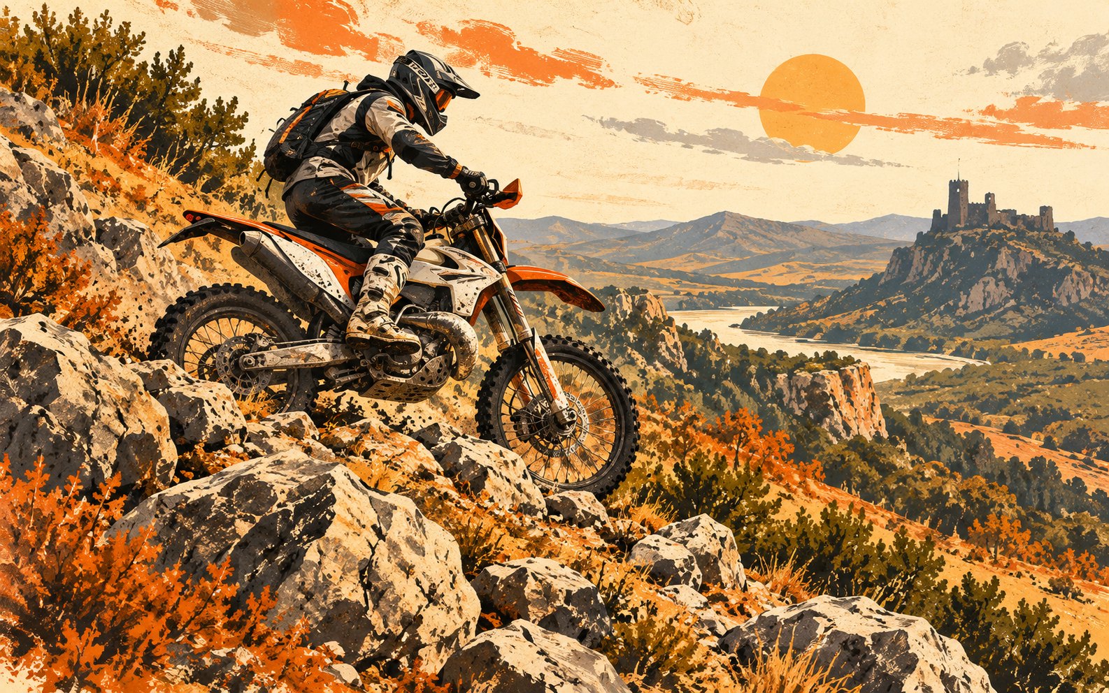 Illustration of an anonymous hard-enduro rider crossing rocky terrain above a reservoir and distant hilltop castle.