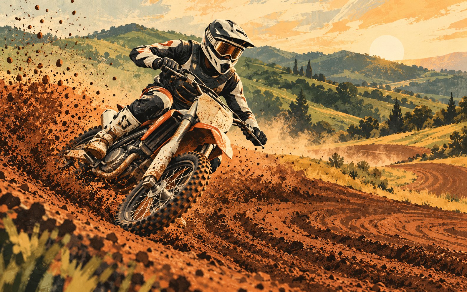 Illustration of an anonymous motocross rider cornering on an outdoor dirt track against rolling hills.