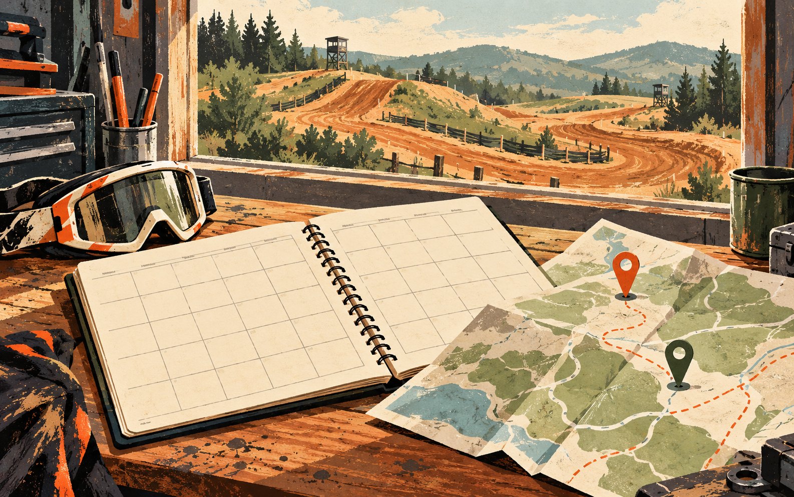 Illustration of a blank calendar, folded map and riding goggles on a planning desk overlooking a generic motocross track.