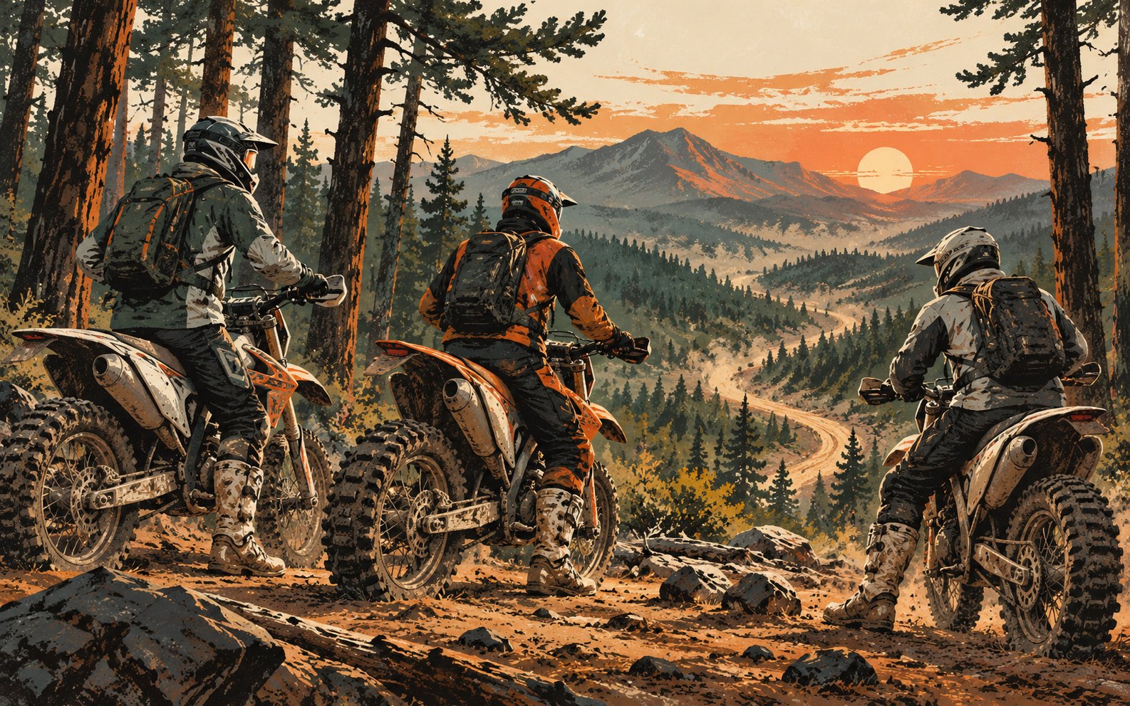 Illustration of three anonymous enduro riders looking down a forest trail toward distant mountains.