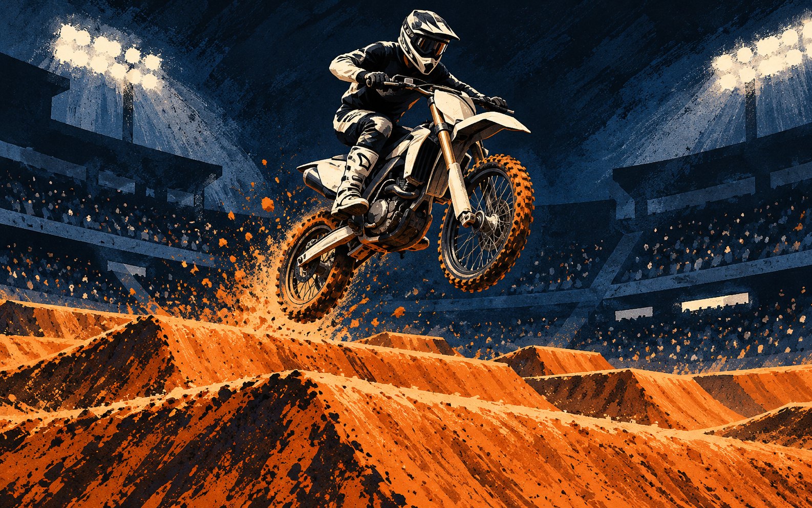 Illustration of an anonymous supercross rider jumping an unbranded motorcycle over a stadium rhythm lane.