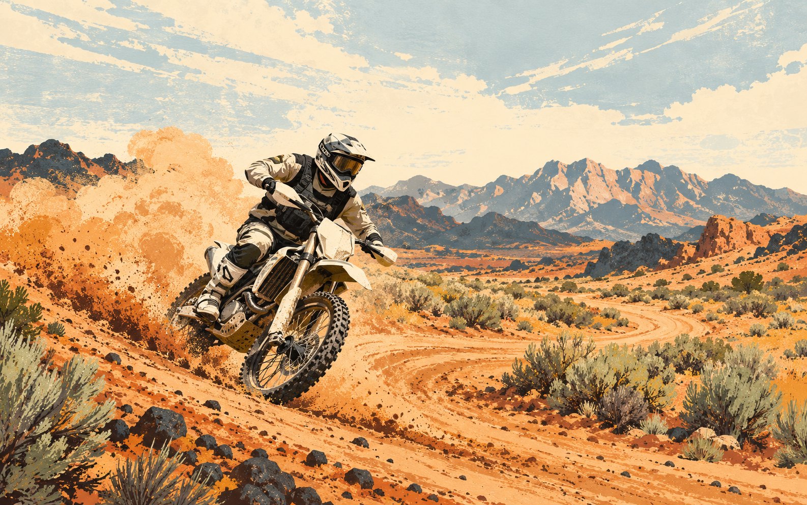 Illustration of an anonymous off-road motorcyclist riding a sandy desert trail beneath distant mountains.