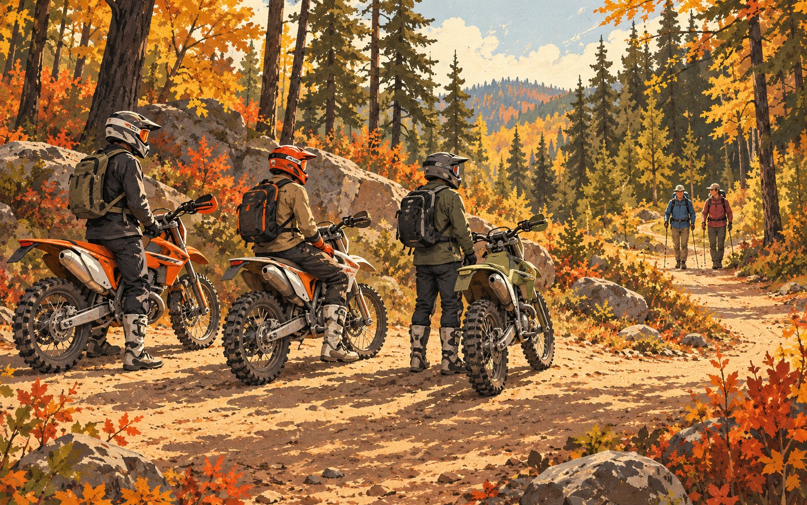 Illustration of three protected dirt-bike riders stopped in a broad forest turnout, leaving the trail clear for two hikers.